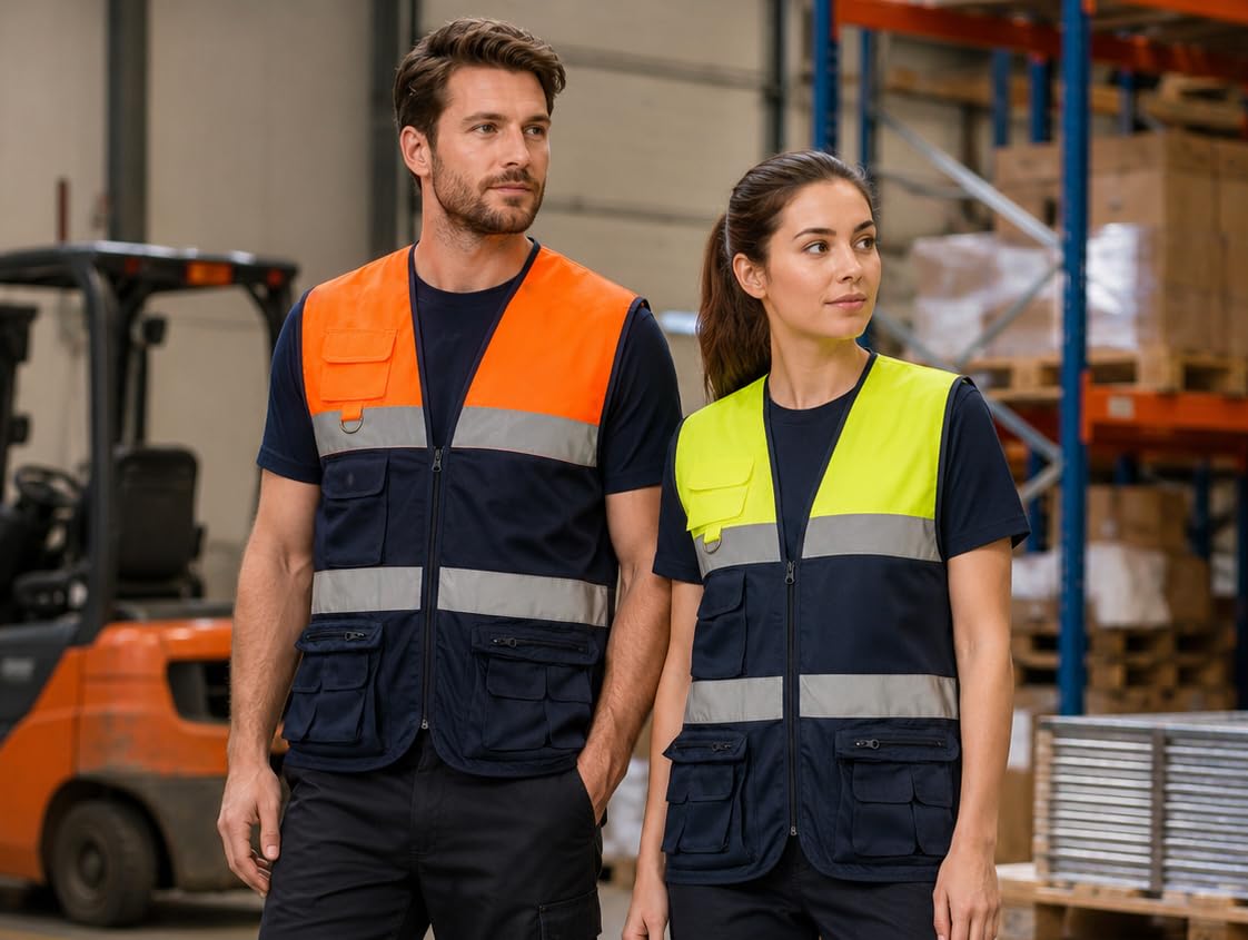 WORKTEAM Chaleco de Trabajo, Tipo Safari, Alta Visibilidad con 2 Cintas Reflectantes, Multibolsillos. Unisex