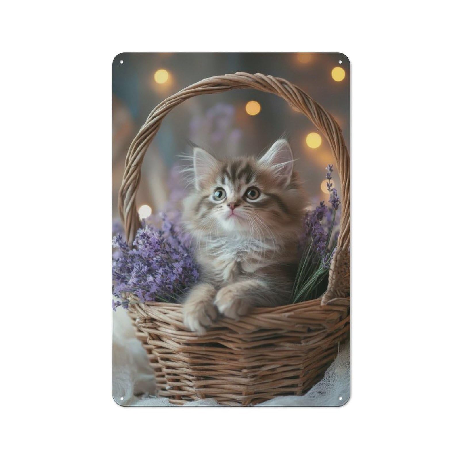 Kitten in Lavender Basket Vintage Metal Sign 30x20cm, Bistro Style Bistro Wall Plaque for Cafe, Bistro, Bakery Or Restaurant