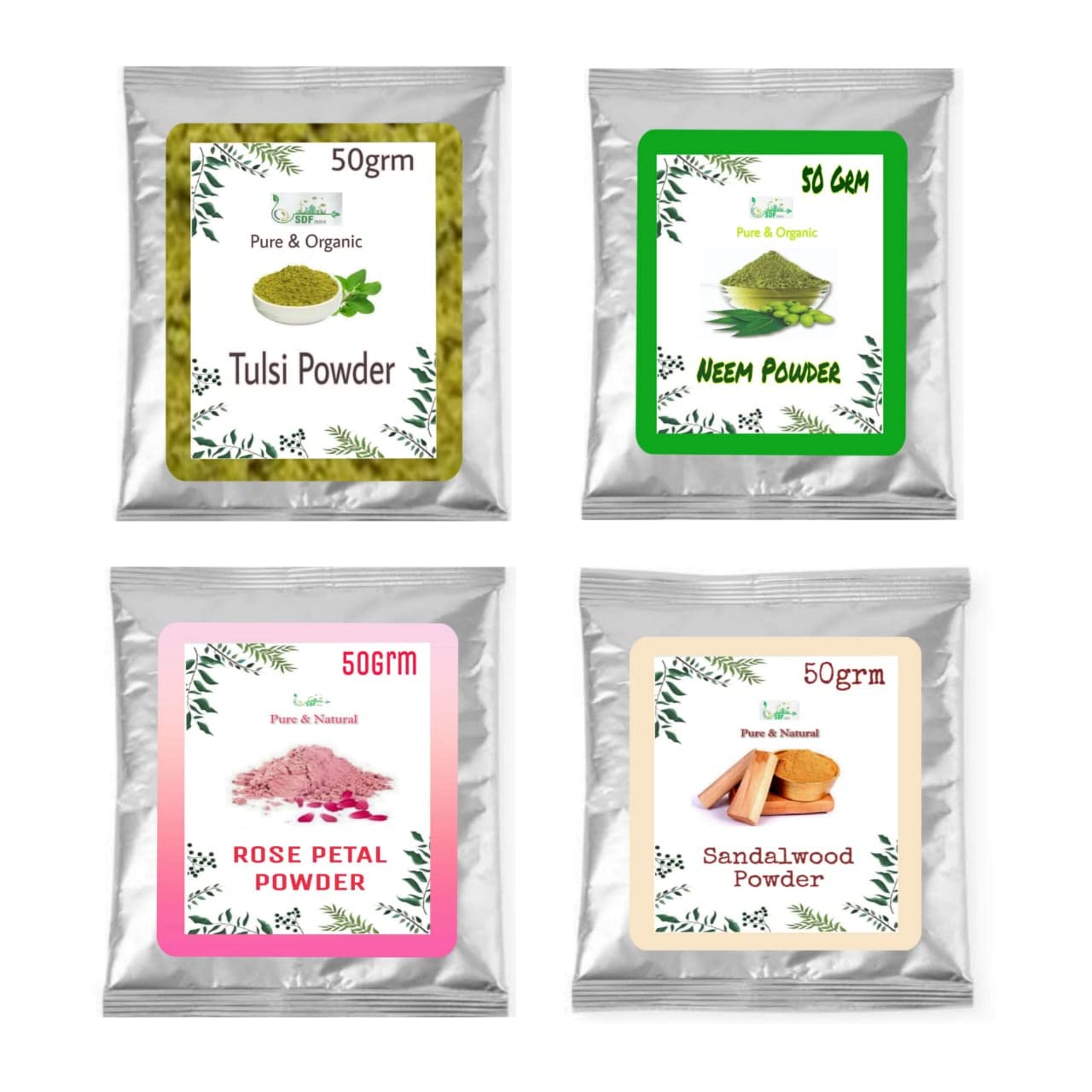 Combo Pack Of 4 (Tulsi Powder/Neem Powder/Rose Petals Powder/Sandwood Powder(50gm each)