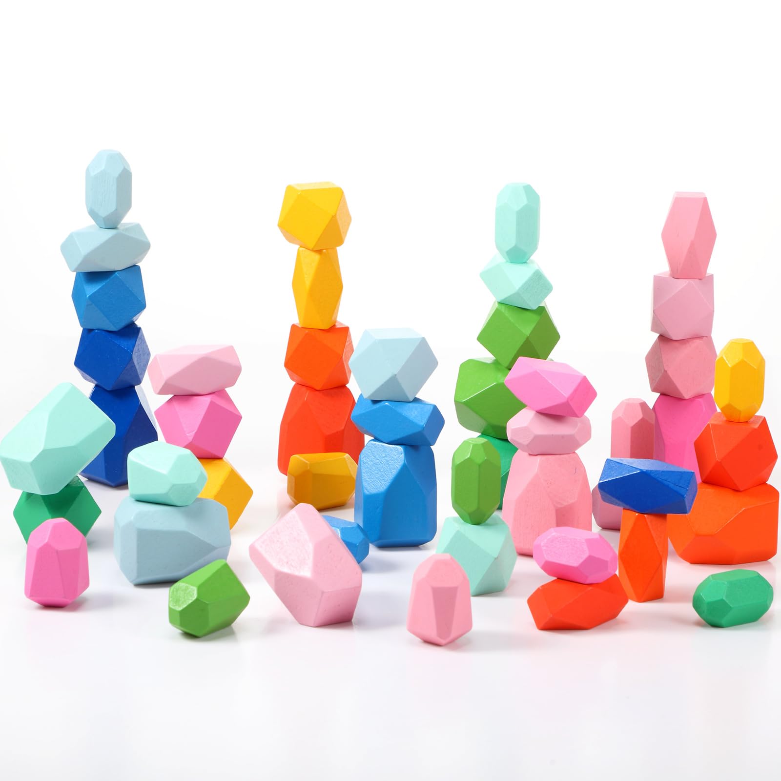 Jenaai 60 Pcs Stacking Rocks Montessori Toys for 1+ Year Old Colorful Wooden Balance Stones Baby Easter Basket Stuffers Blocks Sensory Games Preschool Learning Educational Puzzle Toys(Gradient Color)