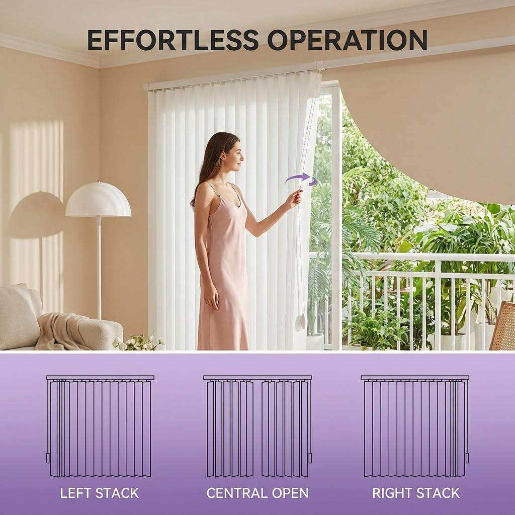 Vertical Blinds White 40" 43" 47" 51" 55" 59" 63" 68" 71" 78" 83" Anti-Glare Light Filtering Fabric Window Shades for Sliding Glass Doors, Home Office Room Divider Blinds, Cordless(40" W x 118" H)