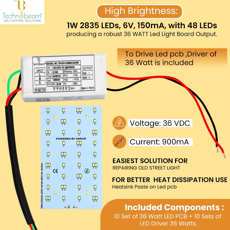 Image of Technobeam 36W LED Plate with Driver for Street Light Repair | Aluminum PCB 1.5mm | 6V 150mA LED Segments | 36V 900mA Driver Included | Durable | Ideal for Street Light Refurbishment,White, Pack of 10