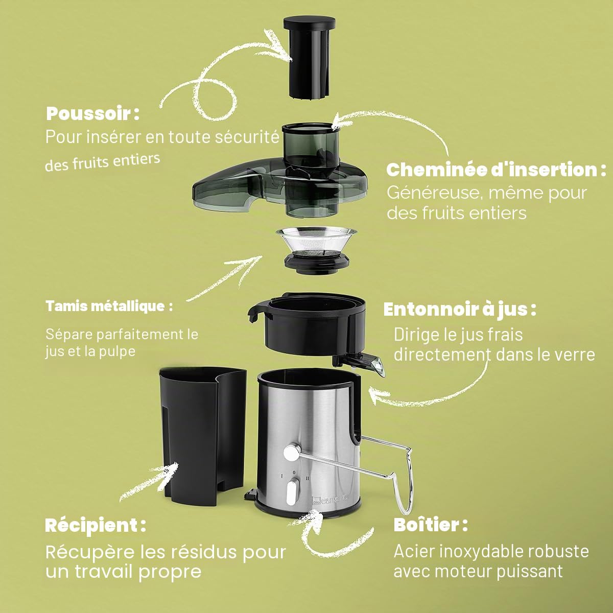 Centrifugeuse Automatique - Extracteur de Jus - Centrifugeuse Proféssionnelle Démontable - Extracteur de Jus Fruits et Légumes avec 3 Vitesses - AE 3666 noir CLATRONIC