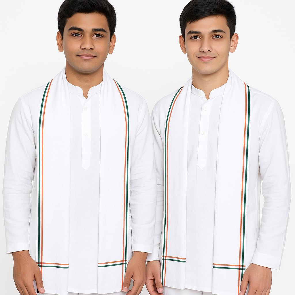 Indian Tricolor Border Cotton Angavastram for Men | Traditional White Shawl with Tiranga Stripes | Soft & Lightweight | Ideal for Cultural, Religious, and Patriotic Events-image-45