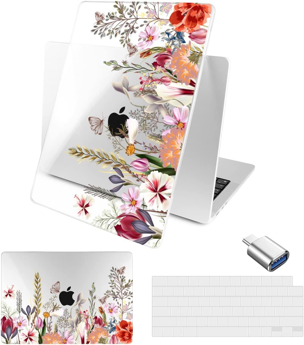 Batianda Compatible with New MacBook Air 13 inch Case 2026 2025 2024 2022 M5/M4/M3/M2 Chip Model A3240, Plastic Clear Hardshell Keyboard Cover & USB-C OTG Adapter, Flowers and Butterflies
