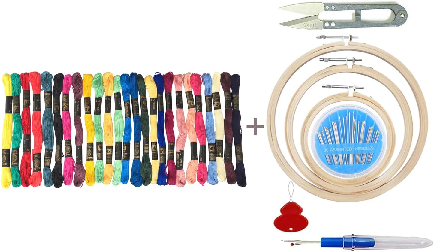 Homeistic Applience Embroidery Kit With Wooden Hoop Ring 6,7,8 Inches, 25 Multicolor Threads, 30 Needles, 1 Seam Ripper, 1 Threader and 1 Thread Cutter for Cross Stitch Embroidery Floss Threads