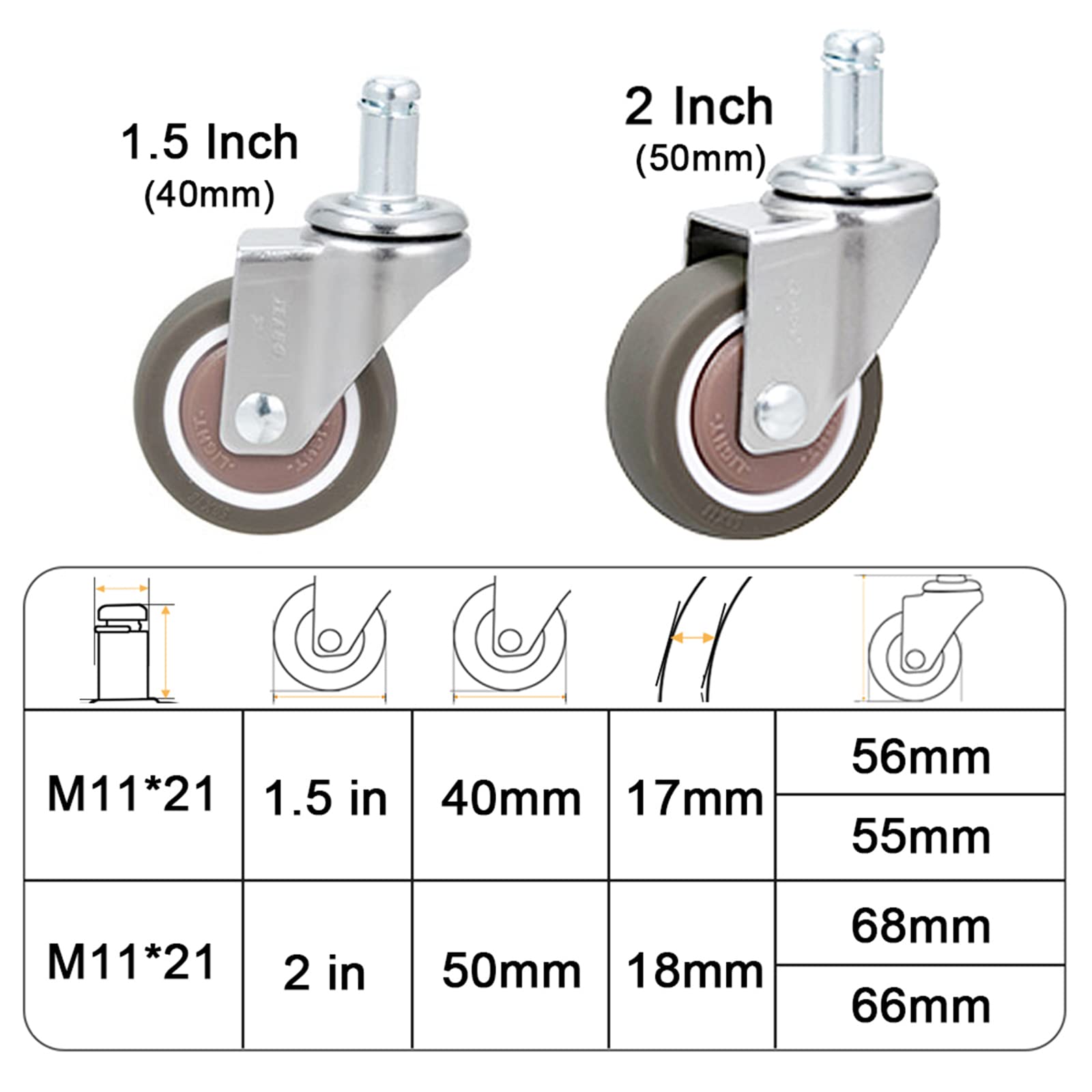 Ciche gumki 38 mm/50 mm do krzeseł obrotowych (5 sztuk), koła obrotowe Niture z trzpieniem (11 x 21 mm), wymiana kół do krzeseł biurowych, obciążenie Bea120~150 kg/2 cale (50 mm)