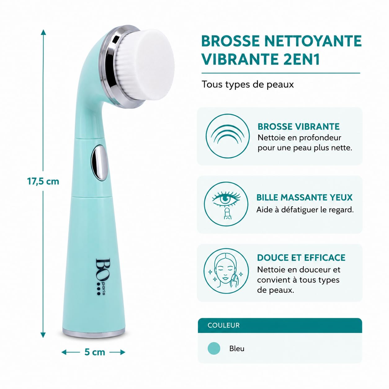 BO PARIS - Vibrationsreinigungsbürste 2 in 1 - Gesichtsbürste mit Massageball für die Augen - 1 Stück