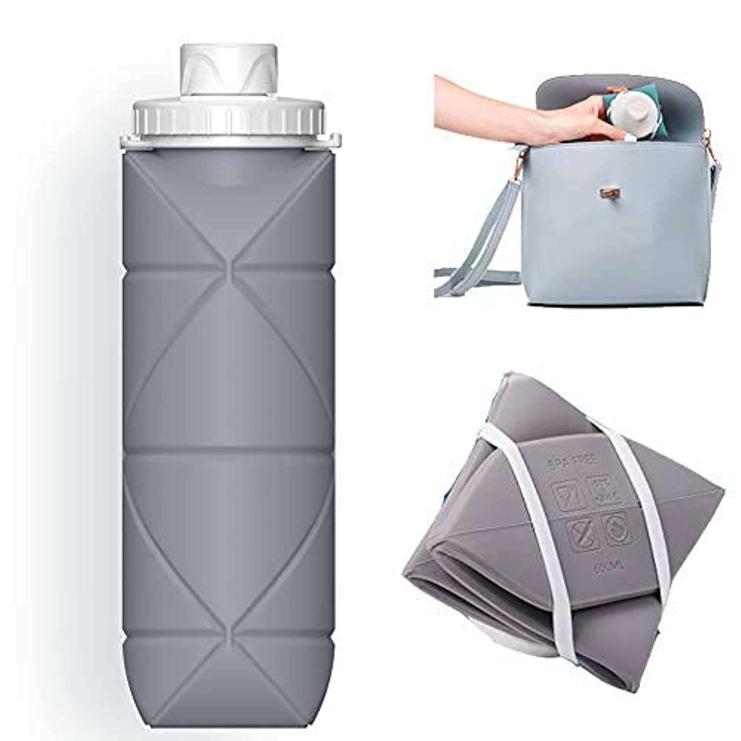 SPECIAL MADE Collapsible Water Bottles Cups Leakproof Valve Reusable BPA Free Silicone Foldable Travel Water Bottle Cup for Gym Camping Hiking Travel Sports Lightweight Durable (grey)