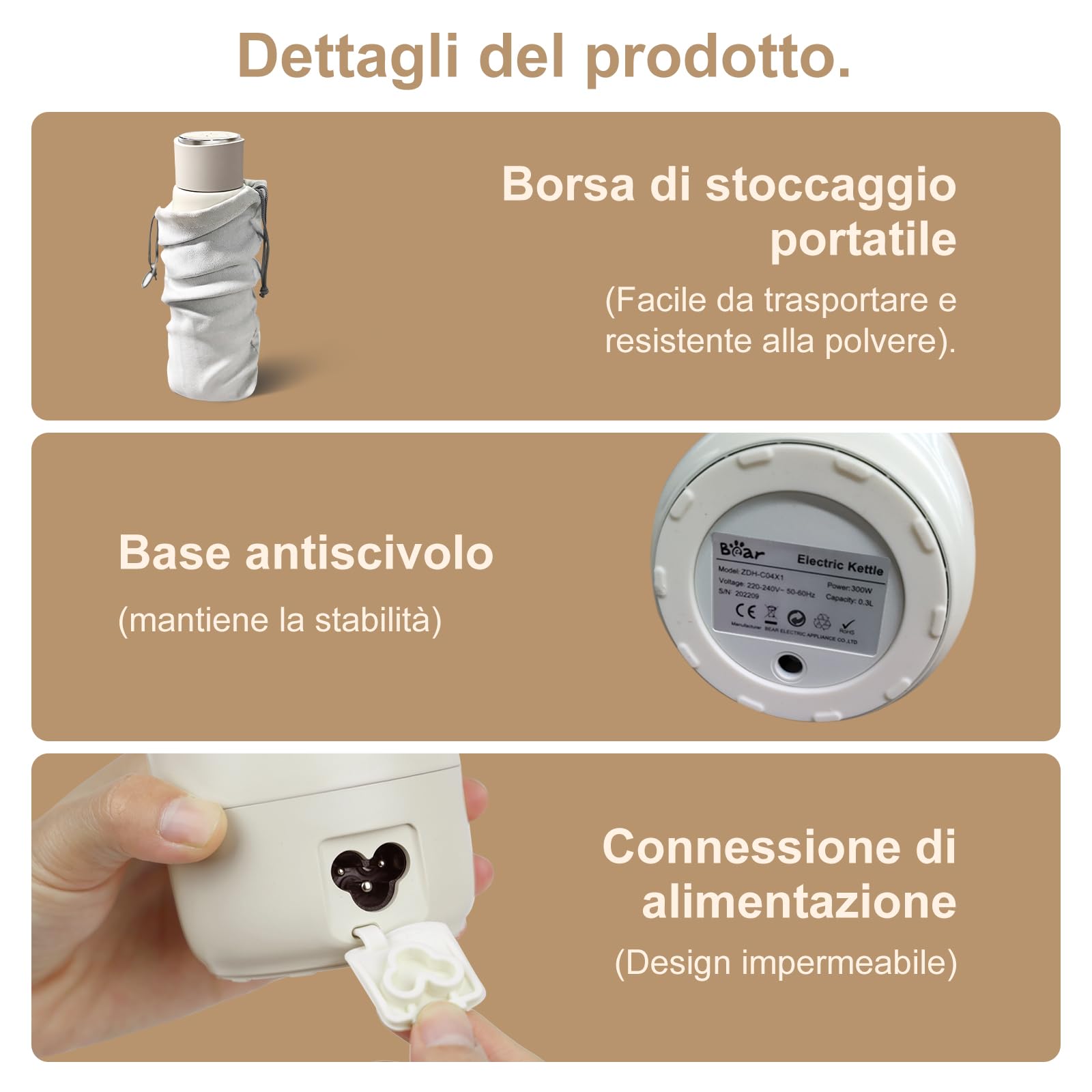 Bear 300 ml 4-Temperatura Bollitore Elettrico 3-in-1 Bollitore Elettrico da Viaggio Doppio Strato 304 Fodera in Acciaio Inossidabile Piccola Tazza Portatile di Isolamento Termico Veloce