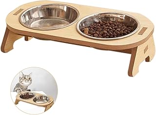 Futternapf Katze，Suuwwn Katzennapf Erhöht mit 15° Neigung Design Erhöhter Katzennapf mit Holz Ständer Erhöhte Schüssel aus Edelstahl Katzenfutternapf für Futter und Wasser für Katzen und kleine Hunde product image