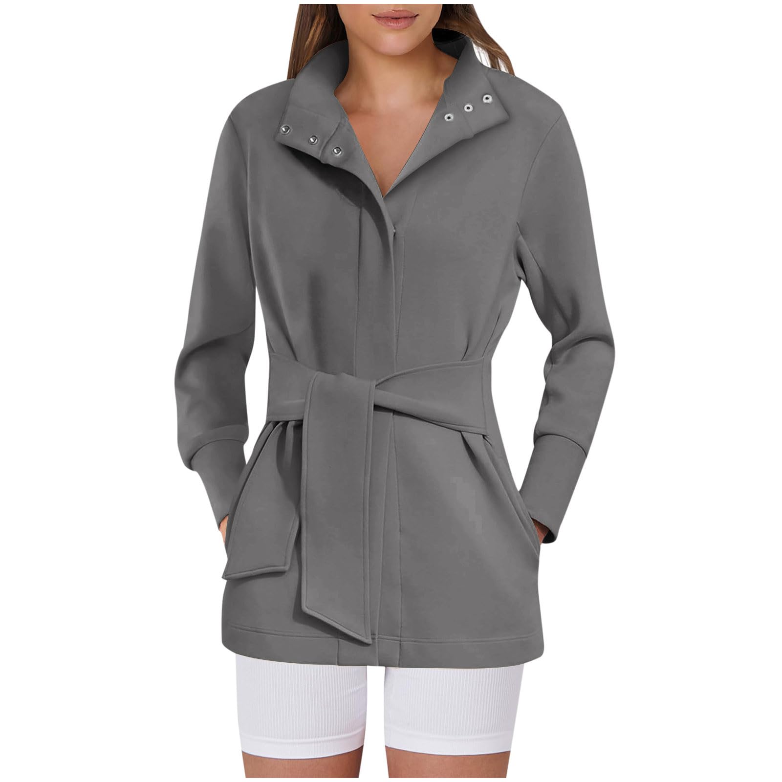 Sinzelimin Womens Mid-Length Trench Coat with Belt Fashion Button up Stand Collar Long Sleeves Windbreaker Outwear Jackets