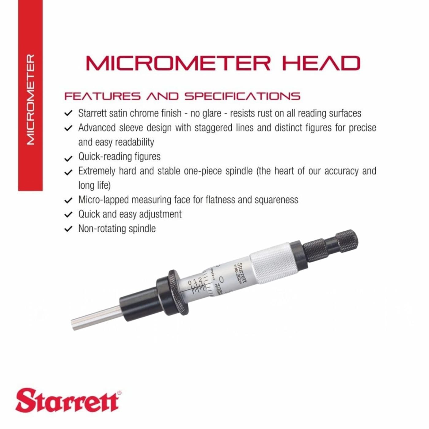 Starrett 262RL Mikrometerkopf, nicht rotierende Spindel, 0-1" Bereich, 0,001" Teilung, +/- 0,0001" Genauigkeit, Ratschenanschlag-Kausche, Kontermutter