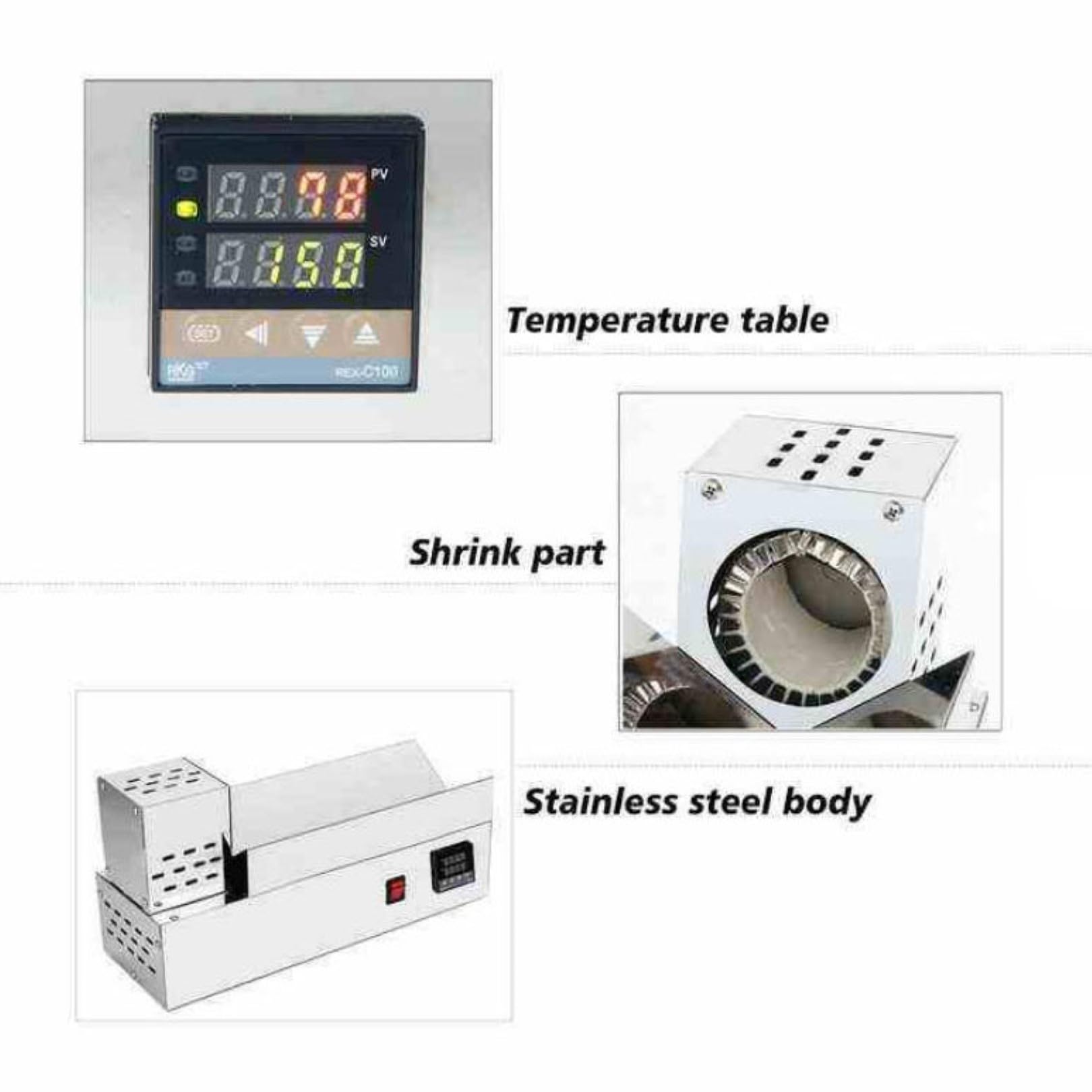 Elektrische Schrumpfmaschine 600W, Einstellbare Temperatur mit Digitalanzeige, Edelstahl Schrumpffolie für Kronkorken bis 80mm Durchmesser, Höhe 300mm