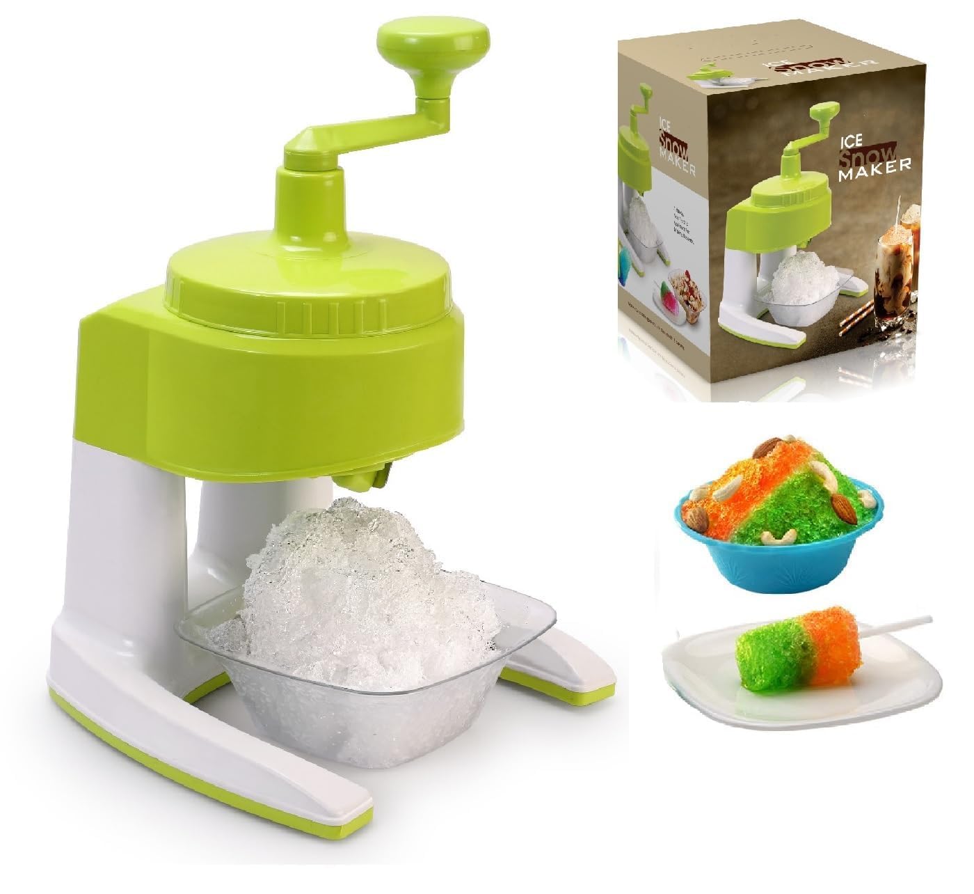 Manual Ice Gola Maker Machine with Sharp Blades, Green and White, Includes 3 Bowls, 1 Glass, 6 Sticks, 1 Dish, Hand-Cranked Snow Grinder Ice Crusher