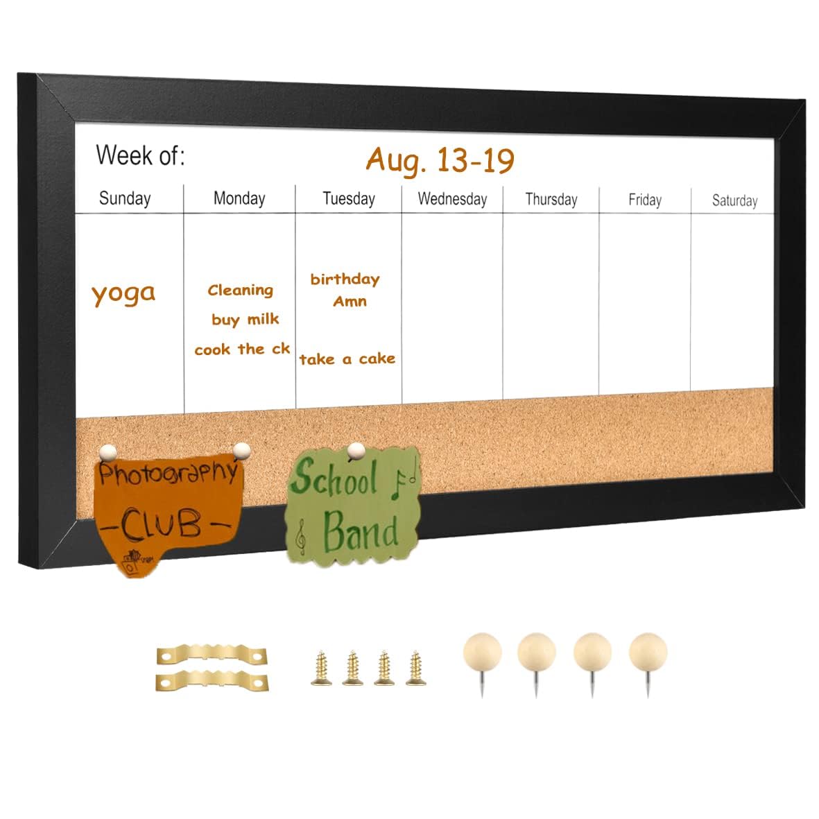 Tableau Blanc Effaçable à Sec Avec Calendrier Hebdomadaire - 33x43 Cm - Cadre Bois Noir - Magnétique Pour Bureau, Maison, école