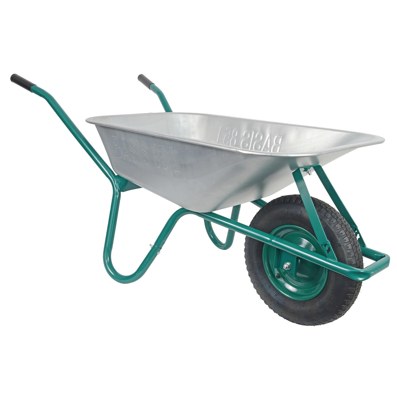 HBH Schubkarre 85 Liter Garten, grün | bis 160kg Tragkraft, Luftrad 4,00-8, Stahlfelge mit Kugellager, verzinkte Stahlmulde, mit Muldenstützbügel und Kippbügel