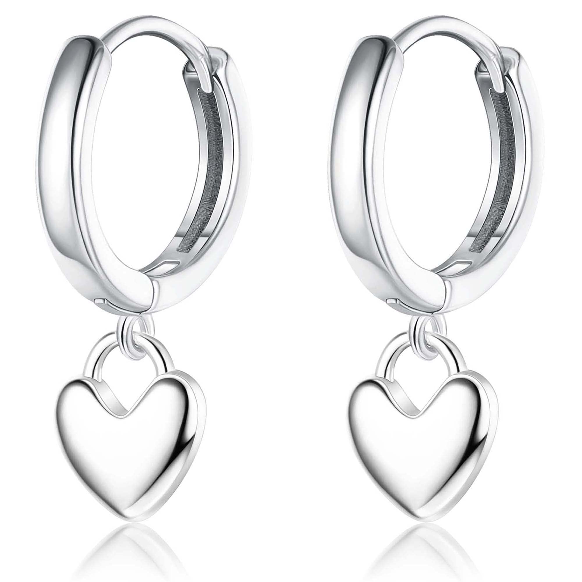 JeweBellaPendientes Colgante Corazón de Plata de Ley 925 para Mujer Niñas Hipoalergenicos Pendientes Aro con Colgante Corazón Pendientes Mujer Colgante Plata Oro