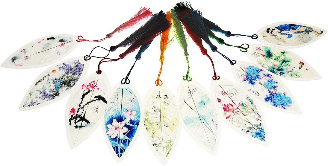 10 Pcs Handmade Leaf Vein Chinese Style Bookmarks Painting Flowers Theme For Kids School Study Decoration Souvenirs Business Christmas Birthday Gift