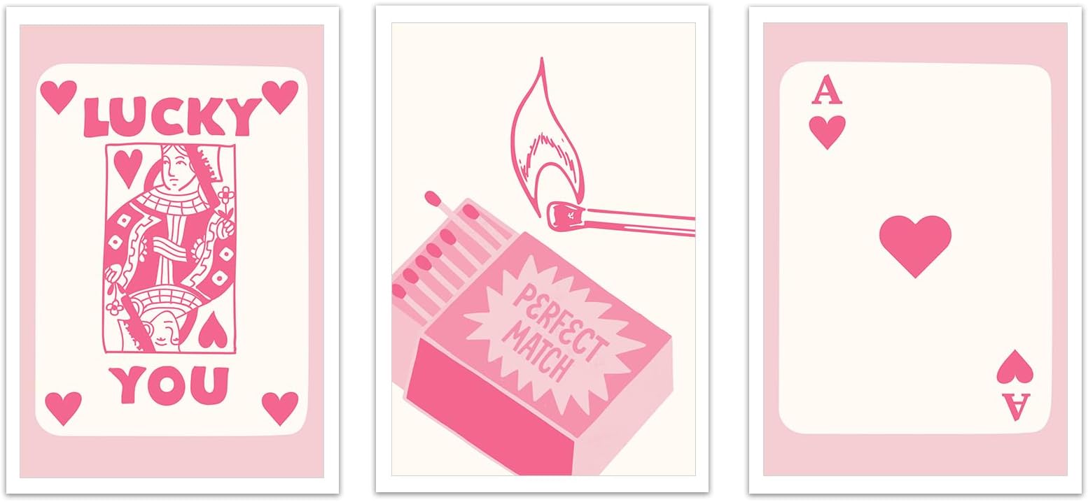Vintage Pink Poker Posters Set of 3 for Room Aesthetic Trendy Funny Queen Ace of Hearts Poker Lucky You Canvas Wall Art Funky Preppy Girly Inspirational Wall Decor for Dorm Bedroom 12x16in Unframed