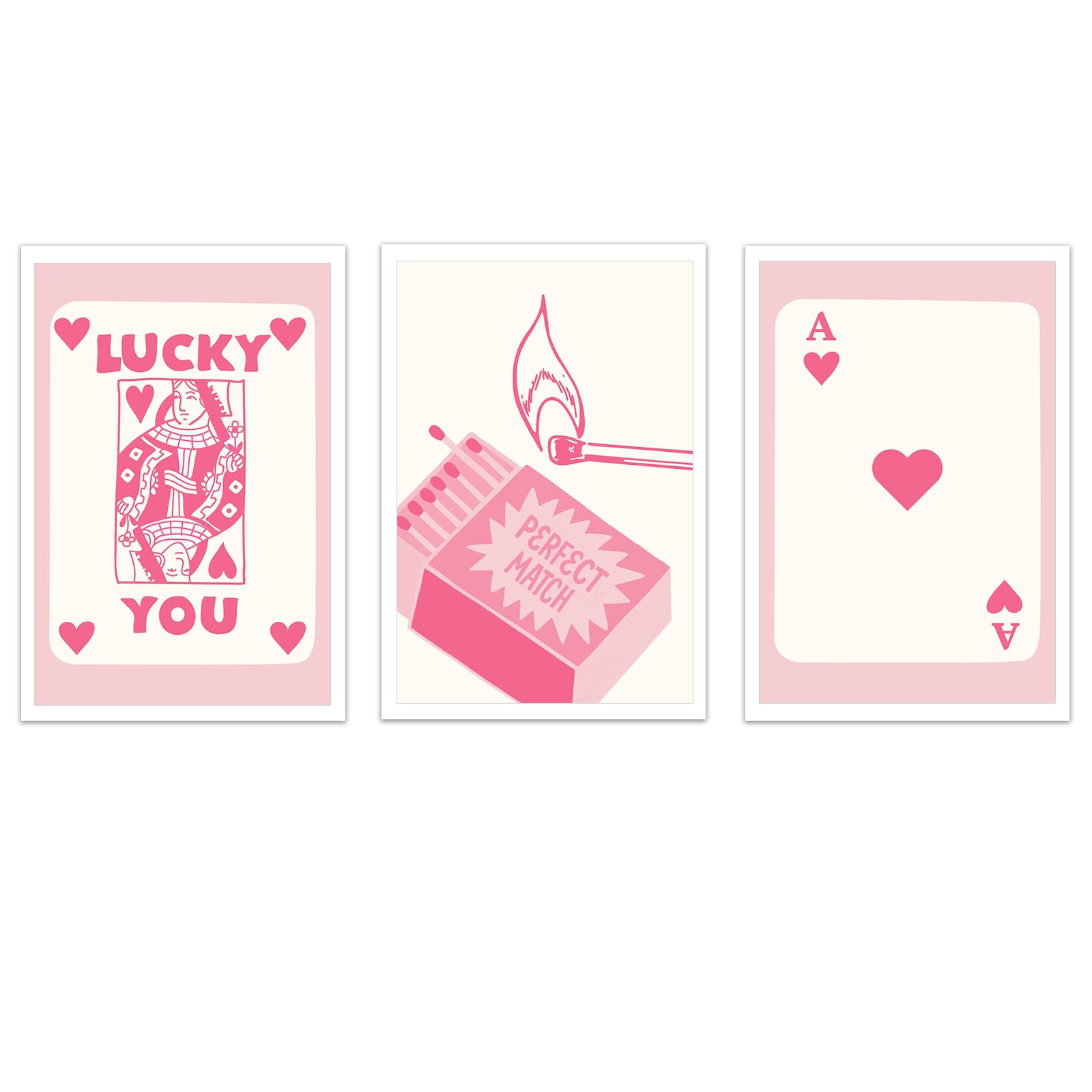 Vintage Pink Poker Posters Set of 3 for Room Aesthetic Trendy Funny Queen Ace of Hearts Poker Lucky You Canvas Wall Art Funky Preppy Girly Inspirational Wall Decor for Dorm Bedroom 12x16in Unframed
