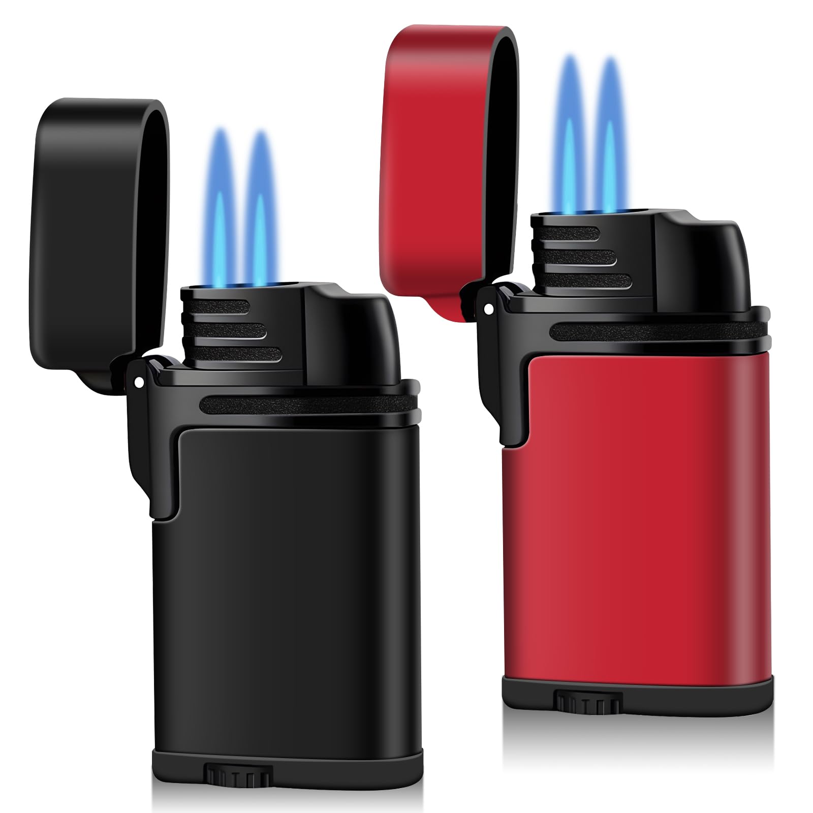 Mini Double Torch Lighter Windproof Butane Refillable Lighters Compact Pocket Gas Torch with Dust Cover, 2 Pack (Butane Not Included) (Black+Red)