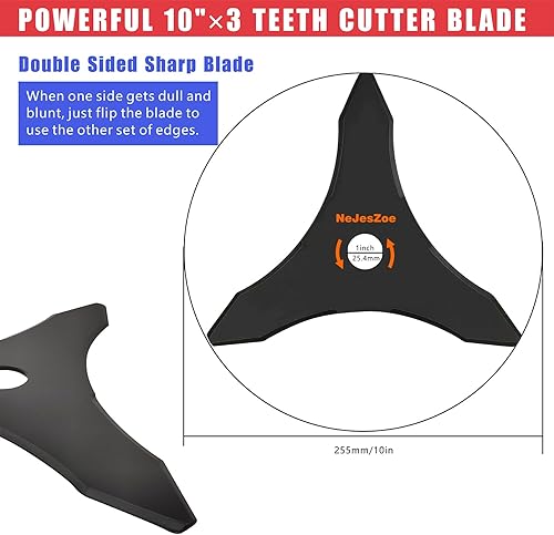 Miniatura 2 de Cuchillas Cortadoras de Maleza de Acero al Carbono de 10" x 3 Dientes, Cabezal de Cuchilla Recortadora de Maleza con Kit Adaptador para Cuchilla