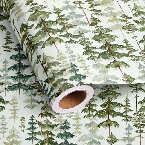 Dlyrroba Green Foil Christmas Wrapping Paper Roll - Watercolor Woodland Forest Christmas Trees Design with Metallic Holiday Gift Wrap for Kids Winter Party Celebrations (Watercolor Foil Trees 17 In X 16.5 Ft)