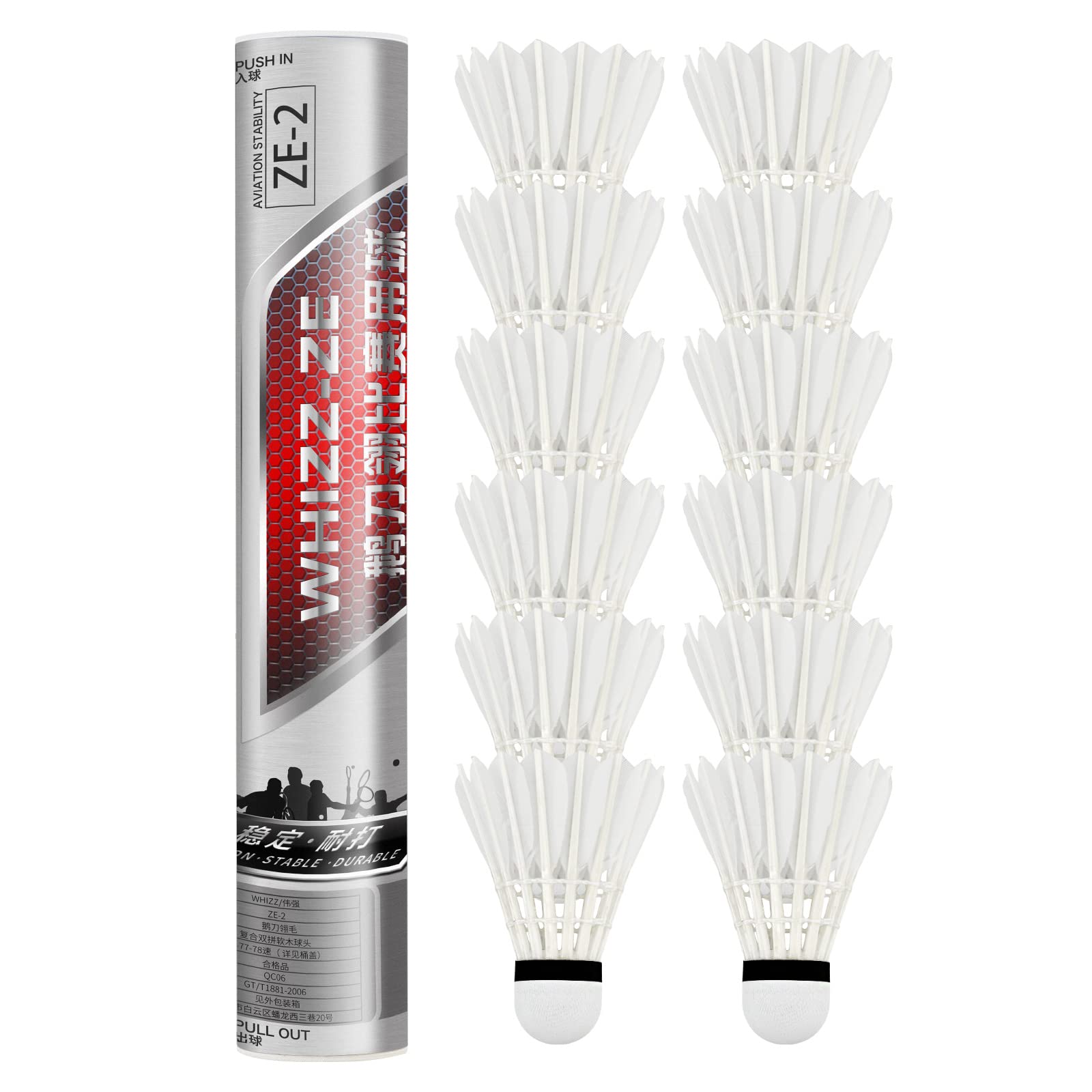 BAIHUALIN Whizz Club Grade Badminton Shuttlecocks, Goose Feather Badminton Birdies with Great Durability and Stability, Pack of 12