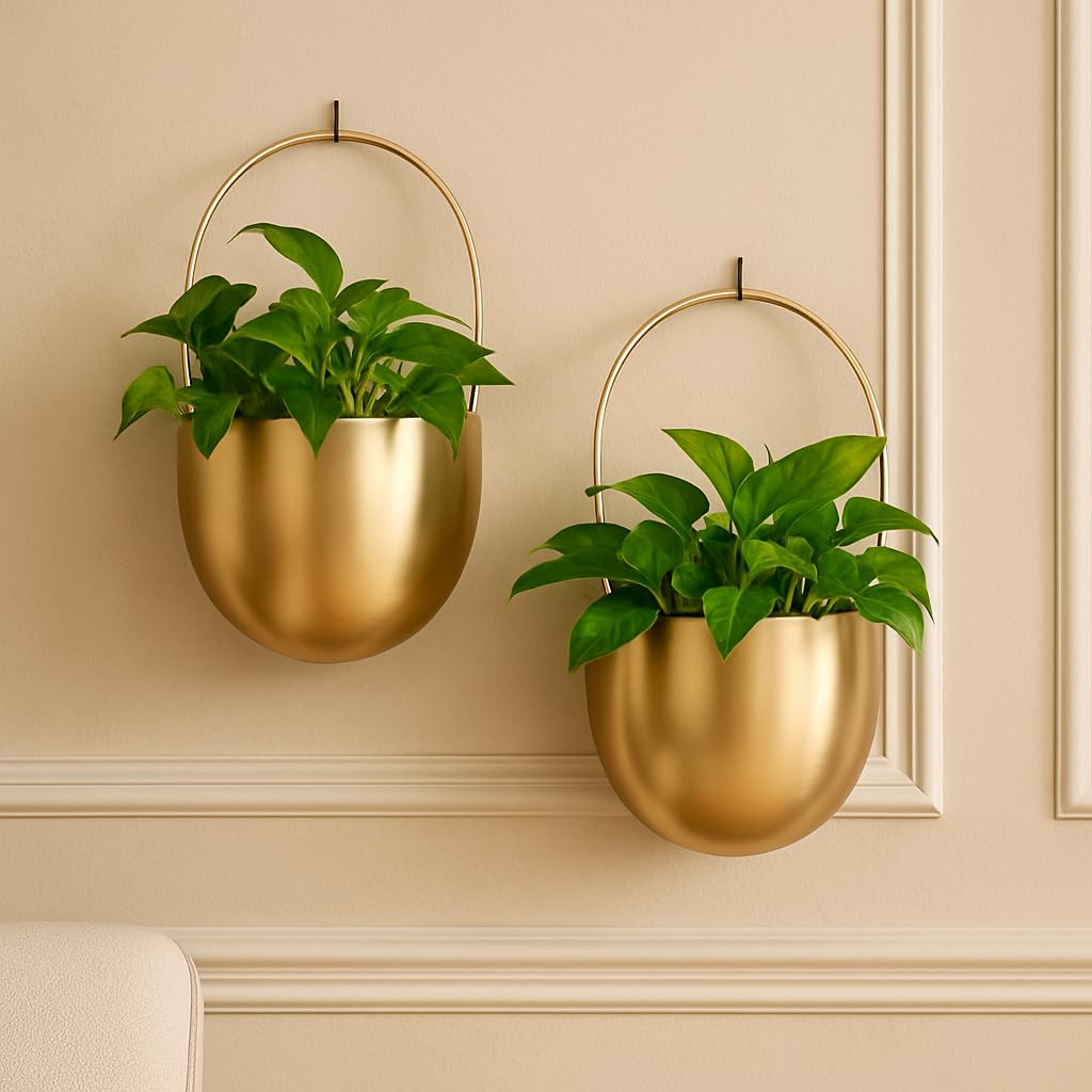 Indian DECORMART Gold Colored Metal Wall Mounted Planter Pot for Plant | Balcony, Living Room Decoration Items & Home Decor | Indoor Planting Pots for Home Wall Hanging (Pack of 2)