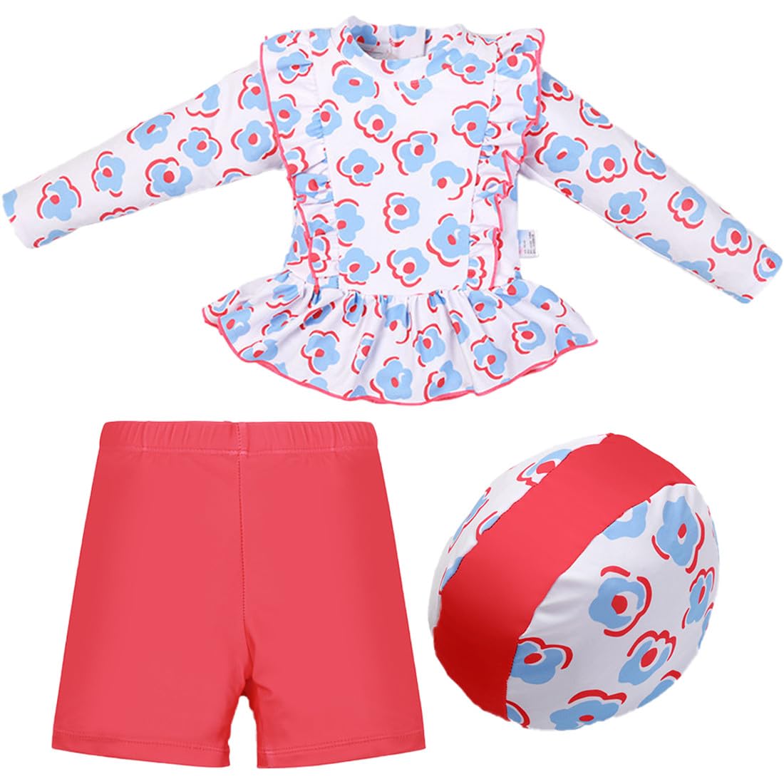 Kids Girls Swimsuit Long Sleeve Rash Guard Shirt Short Sets Sun Hat Clouds Ruffle UPF 50+ Bathing Suit Swimwear Pink
