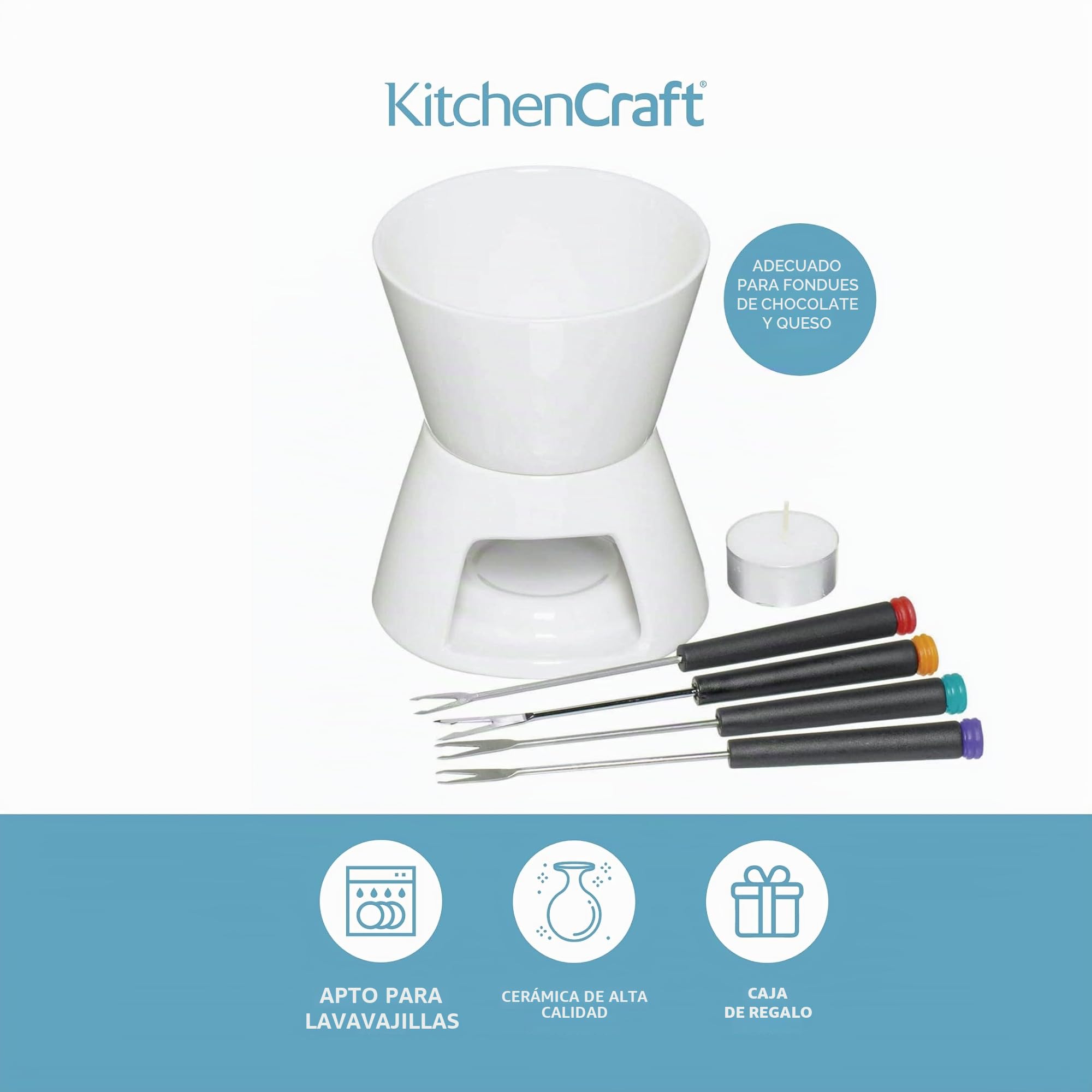 KitchenCraft Fondue de Chocolate de Cerámica y Acero Inoxidable 4 Tenedores 12 x 14 cm