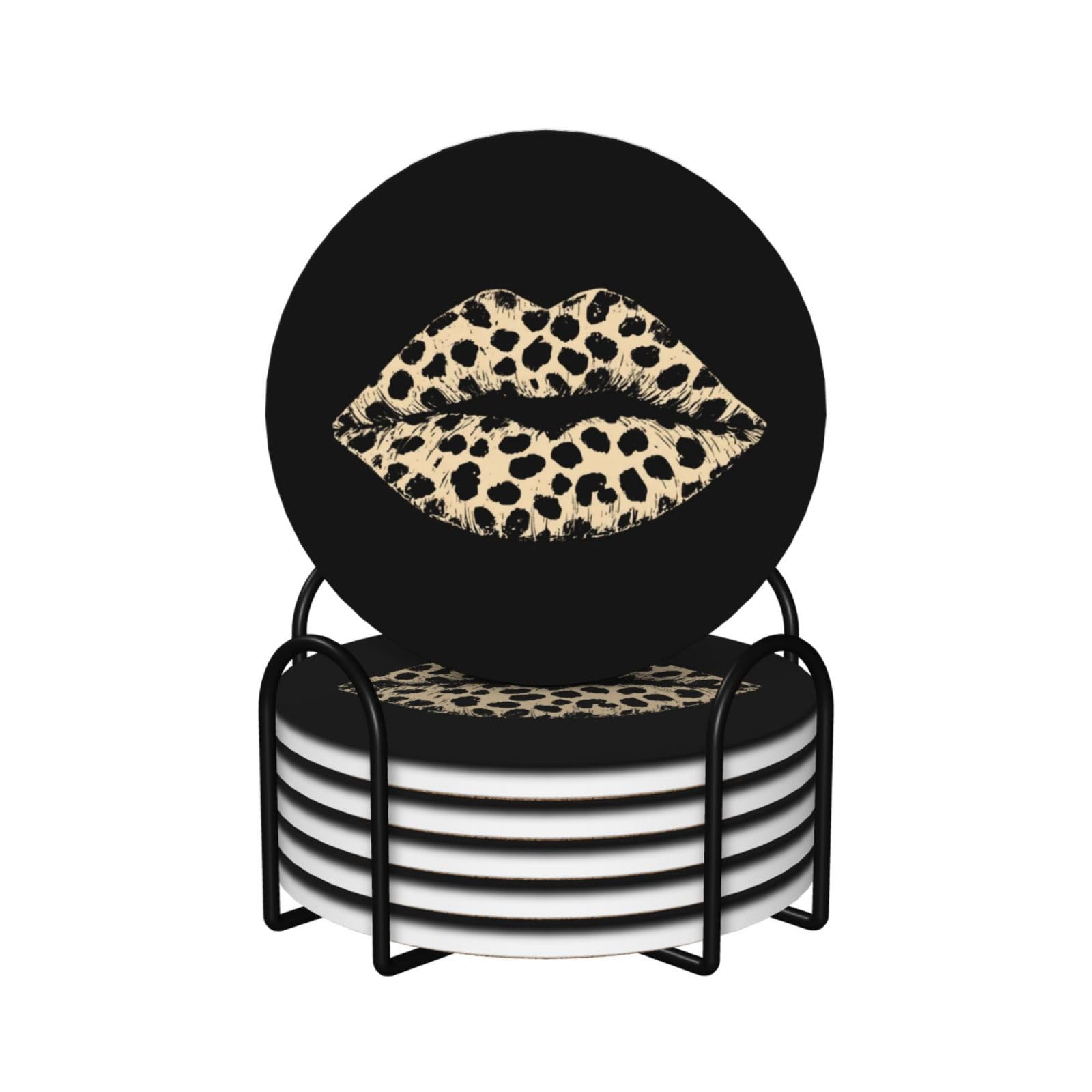 Cream Leopard Pattern Lips Ceramic Coasters with Holder 6ps
