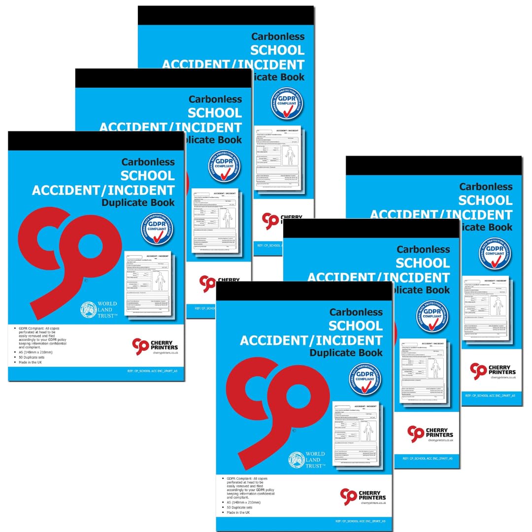 Cherry Printers | Carbonless NCR | School Accident/Incident | Duplicate Book | for Pupils | GDPR Compliant | A5 (148 x 210 millimetres) | Loose Leaf Writing Shield | 50 Sets per Book | **6 Pack**