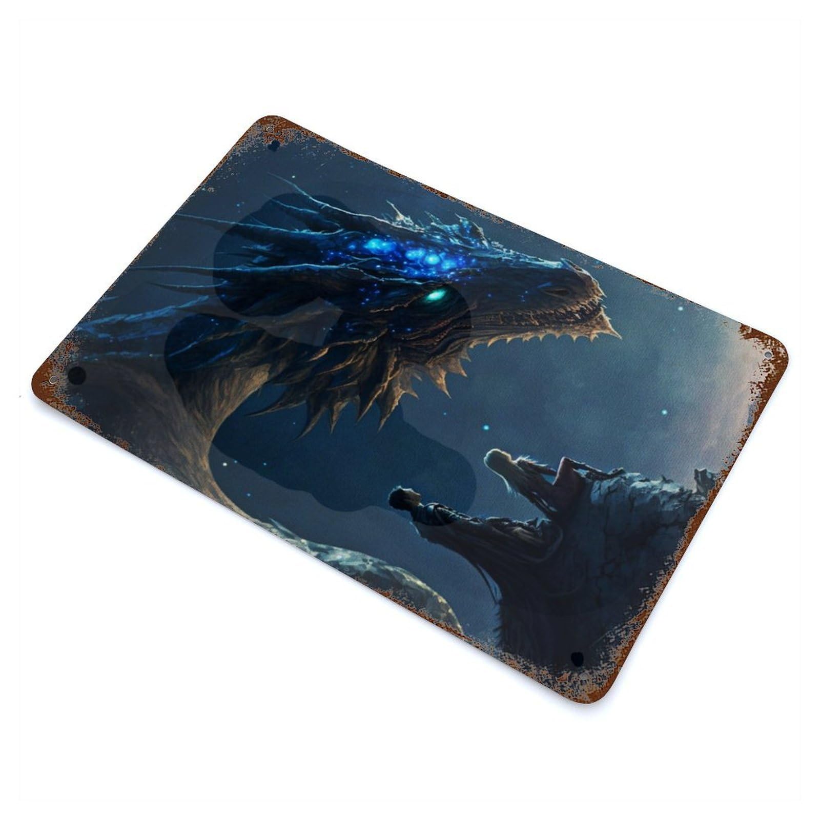 Blue Dragon Appearance 11.8"x7.9" Aged Metal Wall Plaque, Novelty Wall Decor for Garage, Bar And Workshop Decor