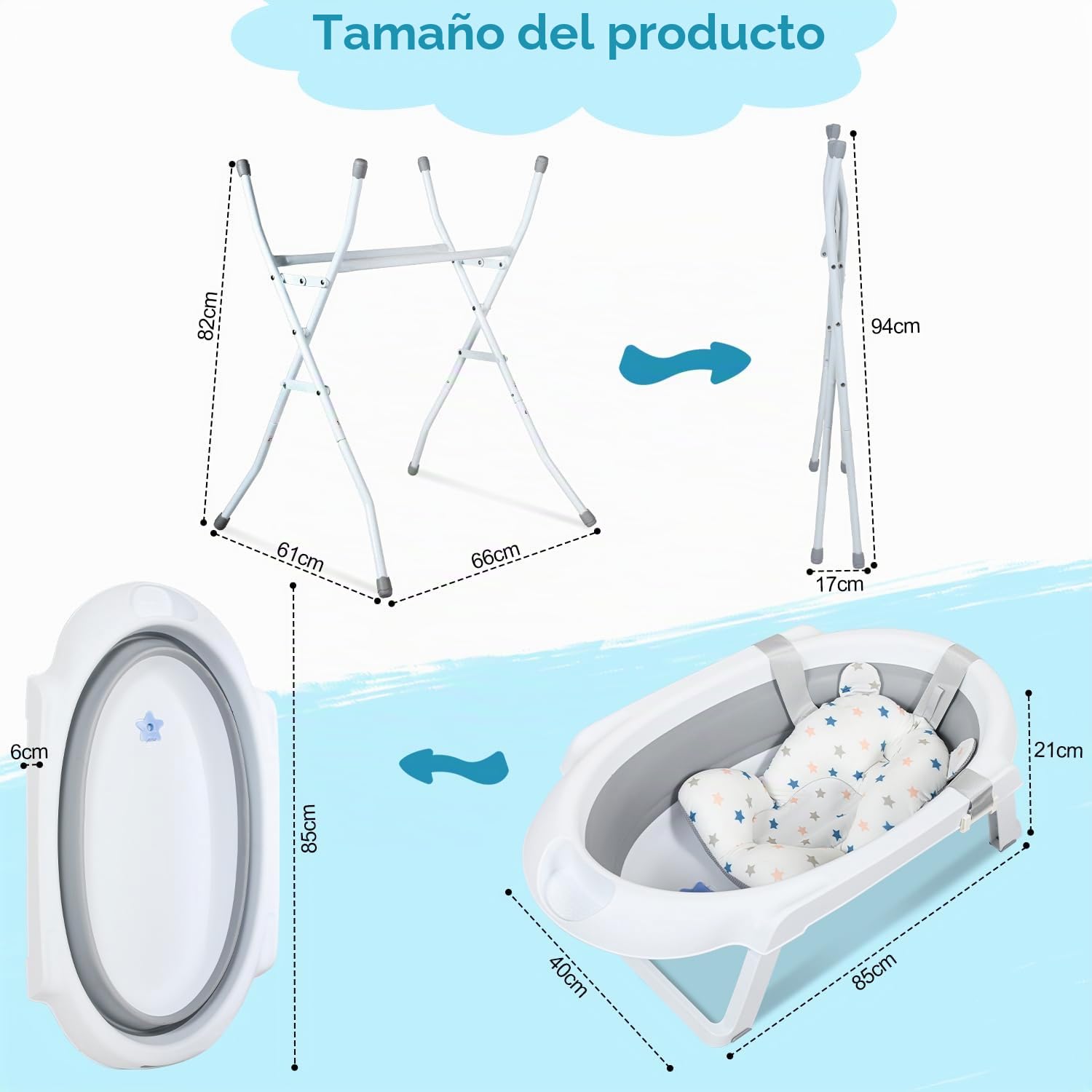 Ikodm Bañera para Bebé Plegable con Estructura, Alfombrilla, Desagüe y Soporte - Segura para Su Bebé