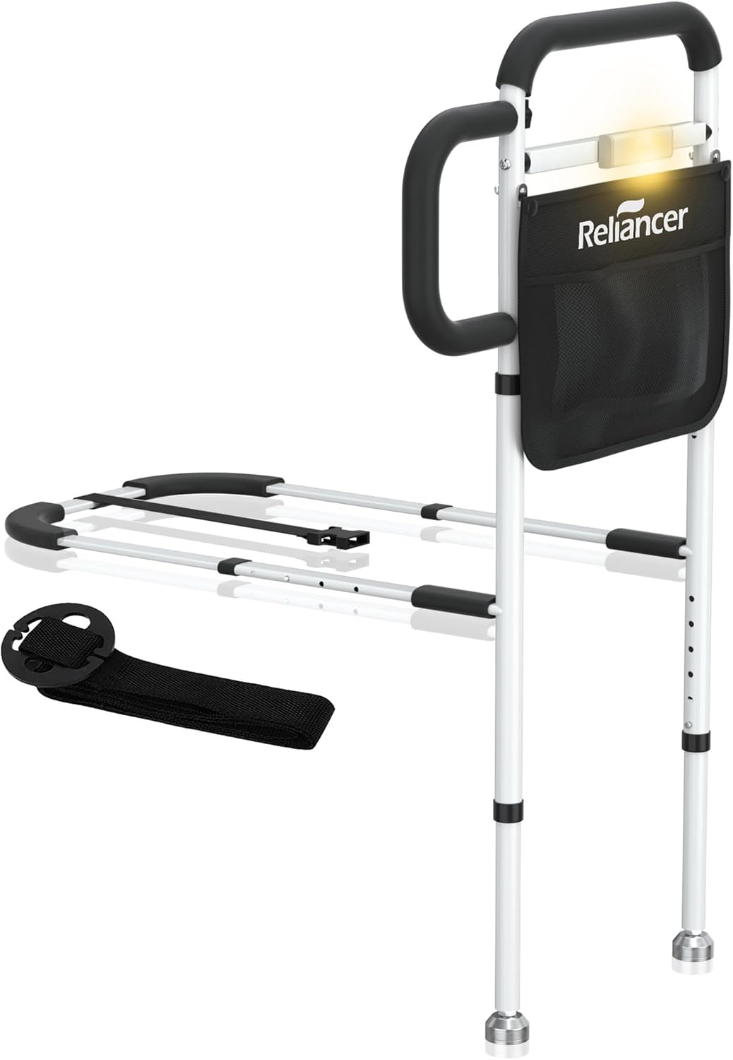 RELIANCER Bed Safety Rail for Elderly Adults w/Support Leg & Motion Light,Dual Handle Assist Grab Bar for Seniors,Adjustable Bedside Support Railings,Bed Side Assist Guard Rail,Bedside Hand Guard Bar