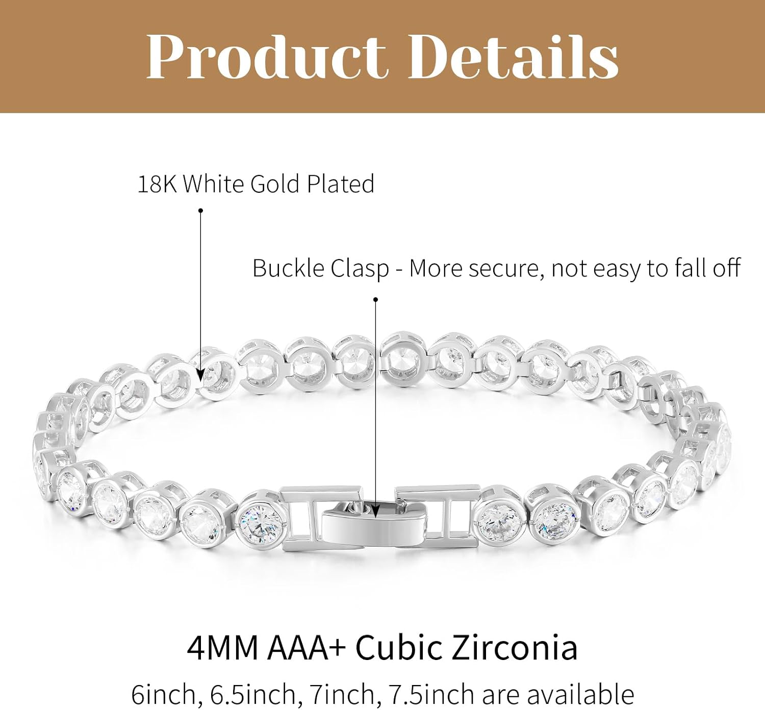 Kose 18K Gold/White Gold Plated Tennis Bracelet, 4MM Cubic Zirconia Round Cut Bracelet for Women 6/6.5/7/7.5 Inches