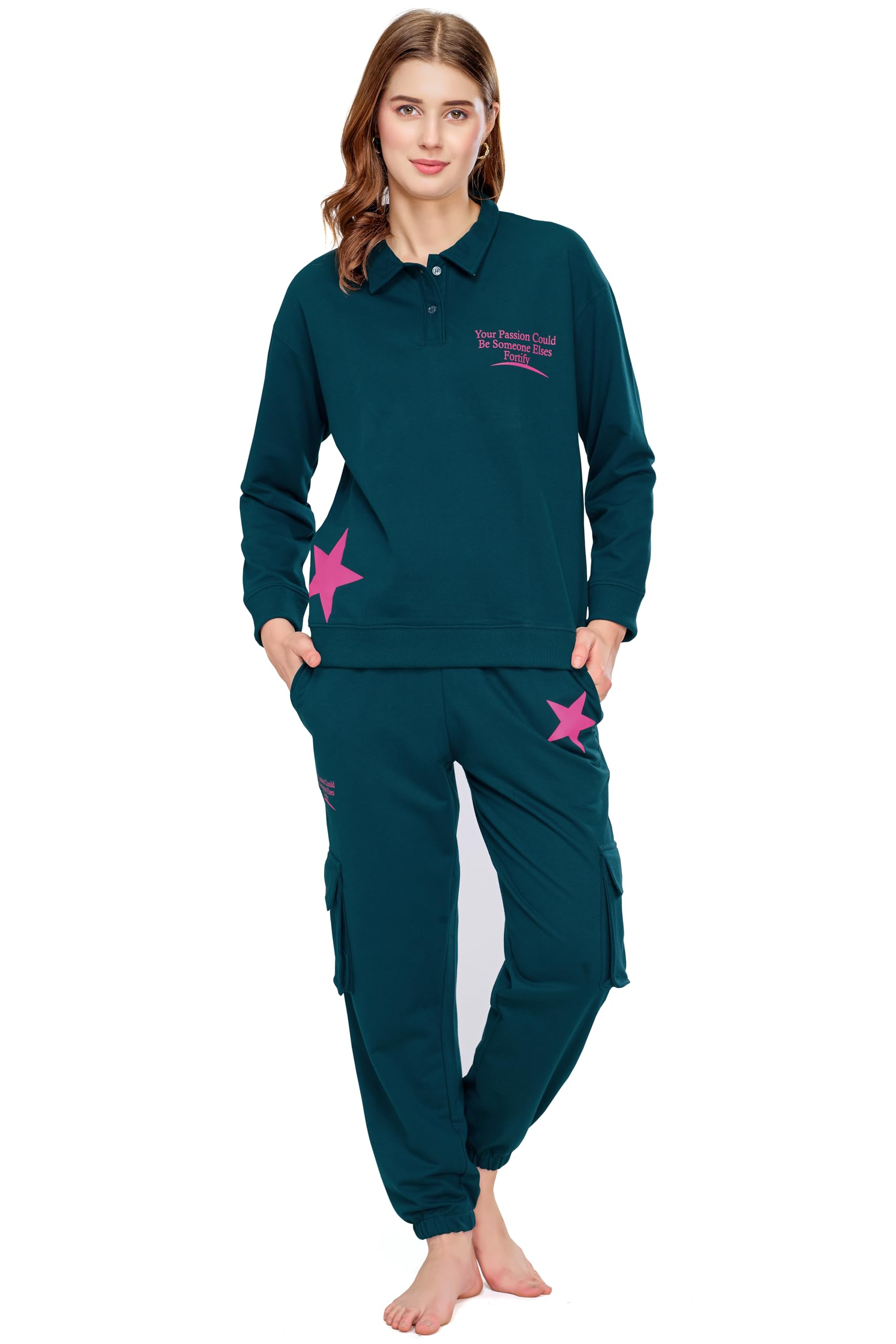 Women's Cotton Track Suit Star & Typography Printed Sweatshirt Co-ords Set 5826-image-21