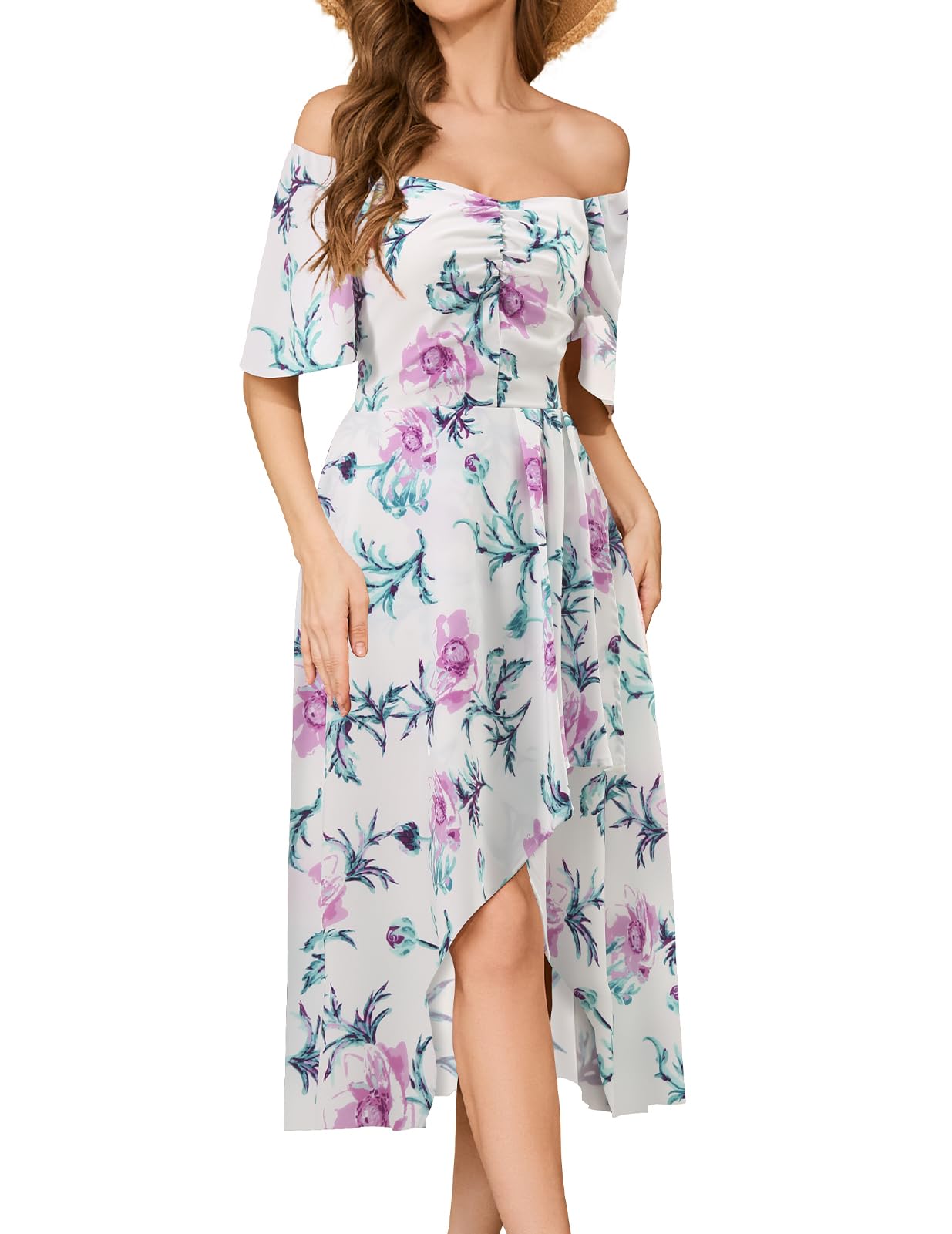 Bridesmay Women's Casual Summer Dress Short Sleeve Flowy Floral Dresses for Wedding Guest Asymmetrical Square Neck