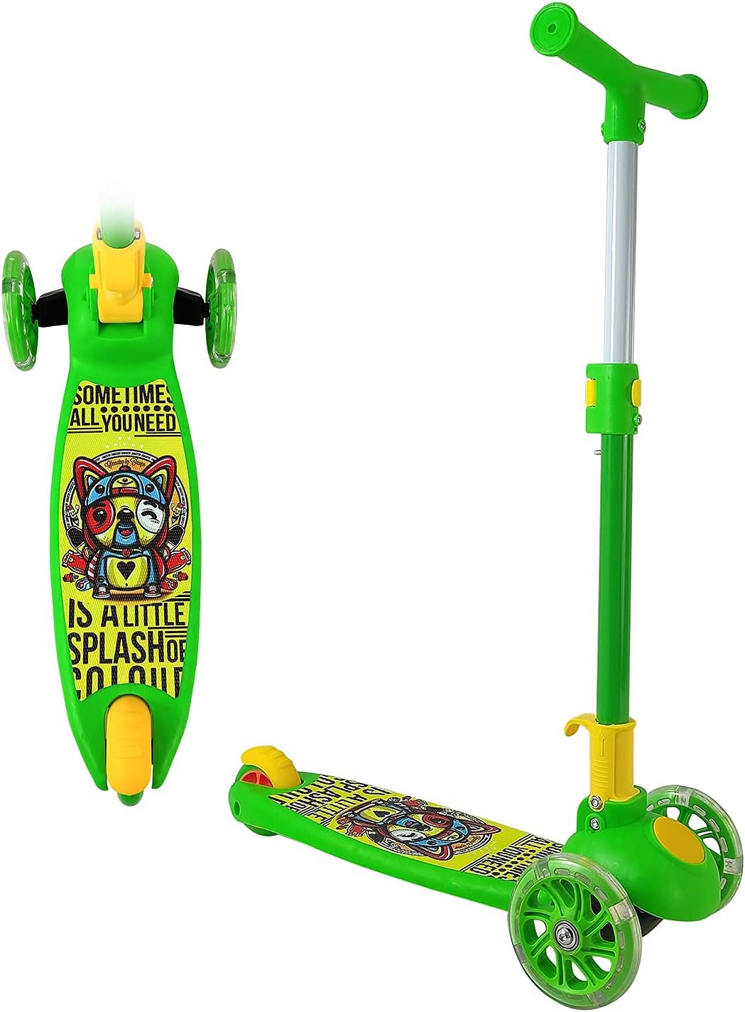 MDN Smart Kick Scooter for Kids 3 Wheels Scooter for Boys and Girls with Adjustable Height and Extra-Wide Deck PU Flashing Wheels for Kids Age 2 - 10 Years (Green)
