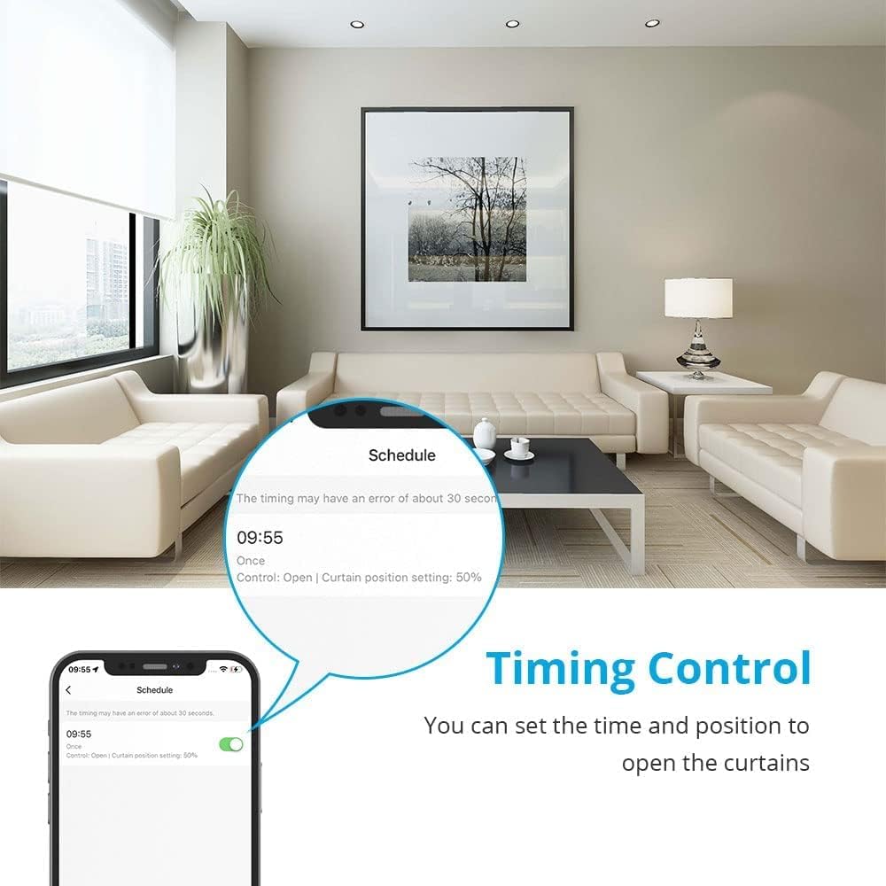 Smartphone screen displaying a 'Schedule' interface with a timing setting for curtains to open to 50% at 09:55.