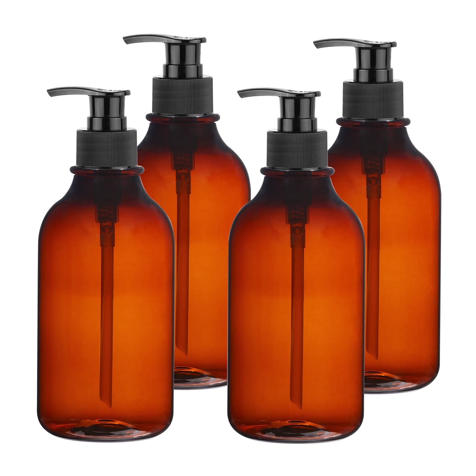 4 Set Kitchen Dish Hand Soap Dispenser Bathroom, Stainless Steel Dispenser, Refillable Shampoo and Conditioner Dispenser Bottles Set (Black Pump + Amber Bottle)