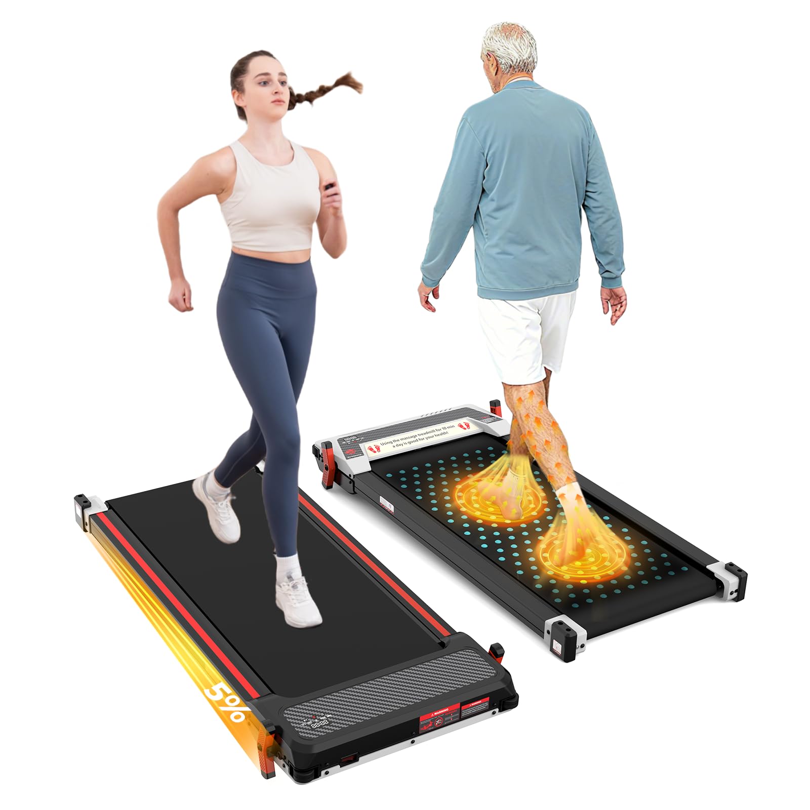 CITYSPORTS Tapis roulant a doppia pendenza 2-in-1, ribaltabile di 180°, macchina per massaggi piedi, velocità 6km/h, con pendenza fissa, larghezza di marcia 41mm, limite massimo di peso 120kg