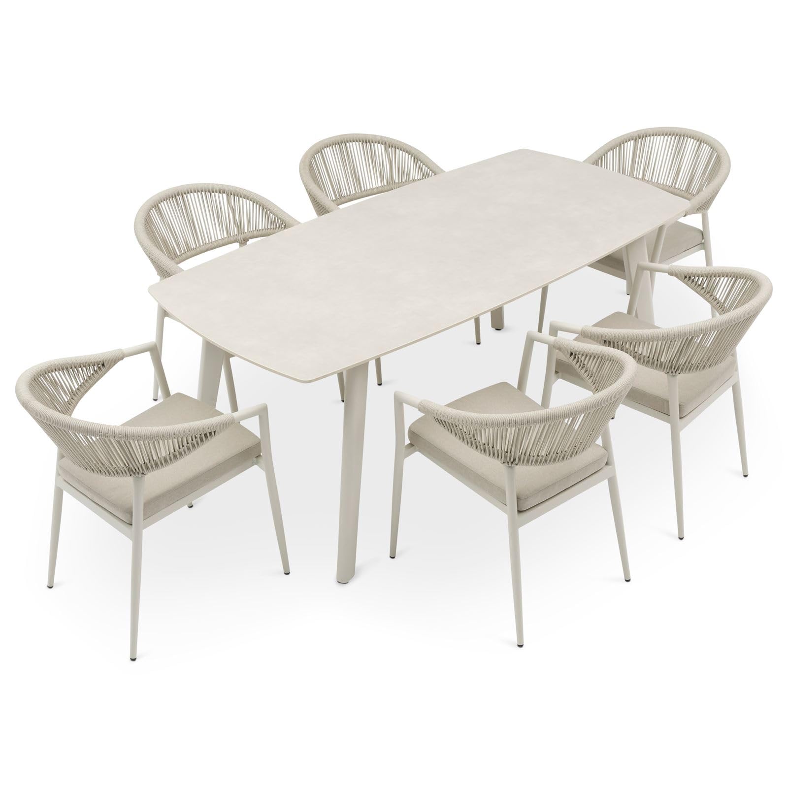 Gartenmöbel Set SELI Gartenmöbelset mit 1 Tisch und 6 Stühlen, Tischgröße 180 x 90 x 75, Cremeweiß – aus pulverbeschichtetem Aluminium mit robuster Keramik-Tischplatte, wetterfest mit Sitzkissen