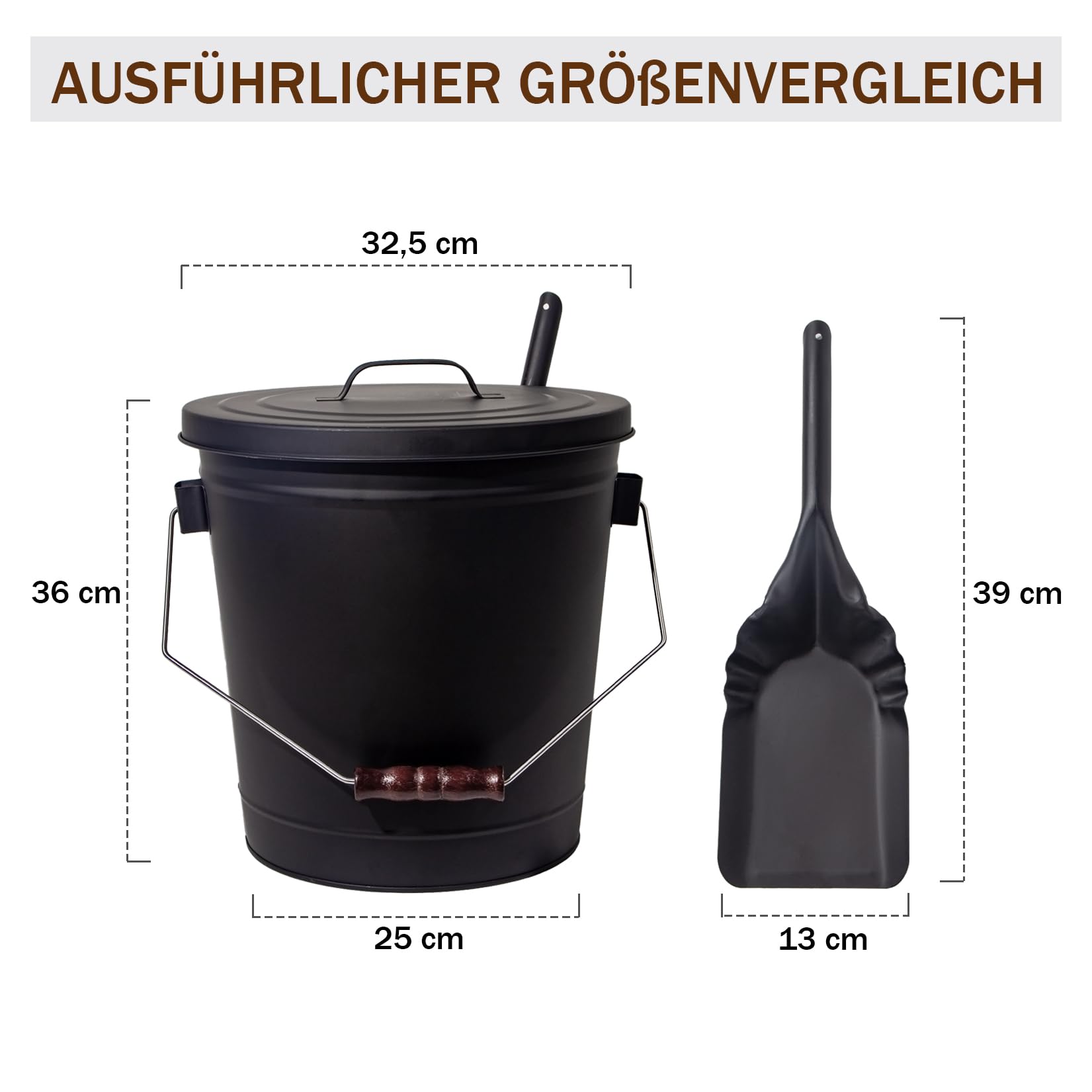 Theo&Cleo Ascheeimer mit Deckel und Schaufel, 20L Feuerfest Metalleimer, Kohleeimer für Kohle und Asche, Kamin, Ofen, Grill (Schwarz-20L)