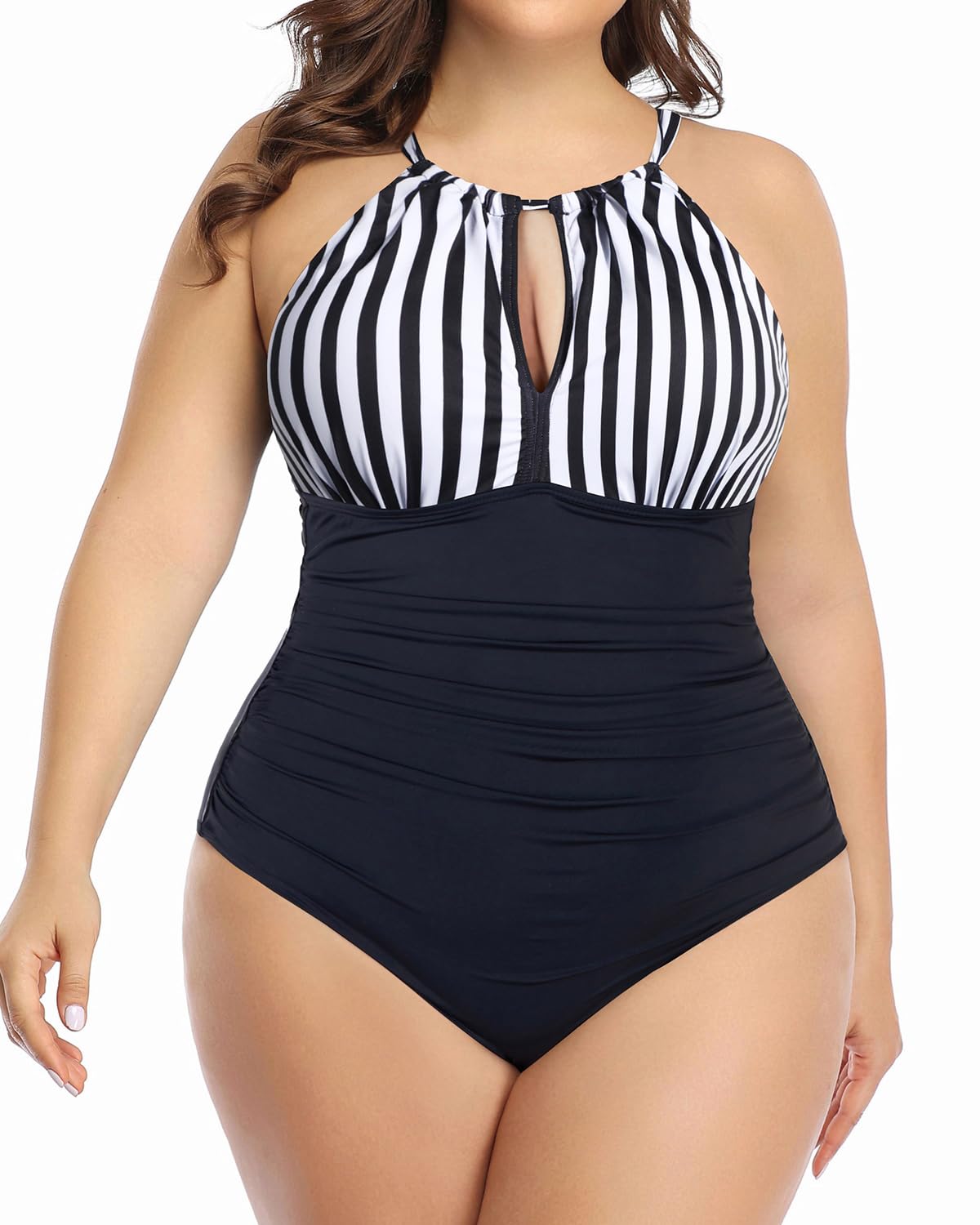 Daci Plus Size One Piece Swimsuit for Women - High Neck Plunge Mesh Cut Out Bathing Suits