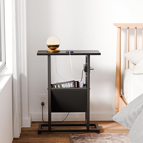 Miniatura 6 de Juego de 2 mesas auxiliares estrechas con estación de carga, mesas auxiliares delgadas con almacenamiento, mesas auxiliares delgadas para espacios