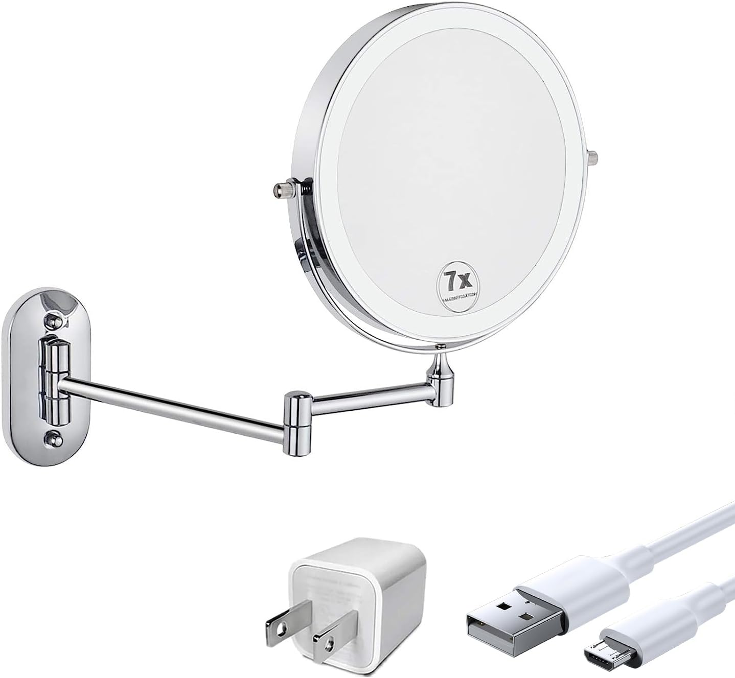 GURUN Rechargeable Makeup Mirror Wall Mounted with 3 Colors Mode LED Lights 7X Magnification,4000mAh Rechargeable Battery,8 Inch Touch Screen Vanity Mirror for Bathroom,Chrome Finish