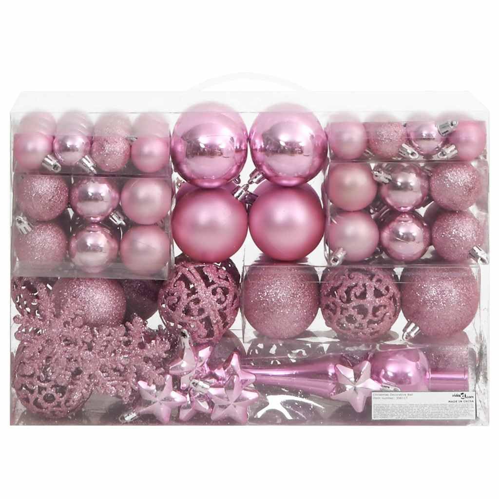 111-tlg. Weihnachtskugel-Set Rosa Polystyrol | 3 cm, 4 cm, 6 cm, Schneeflocken, Sterne, Christbaumspitze, matt, glitzernd, glänzend, hohl